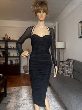 privy Black Ruched Mesh-Sleeve Midi Dress